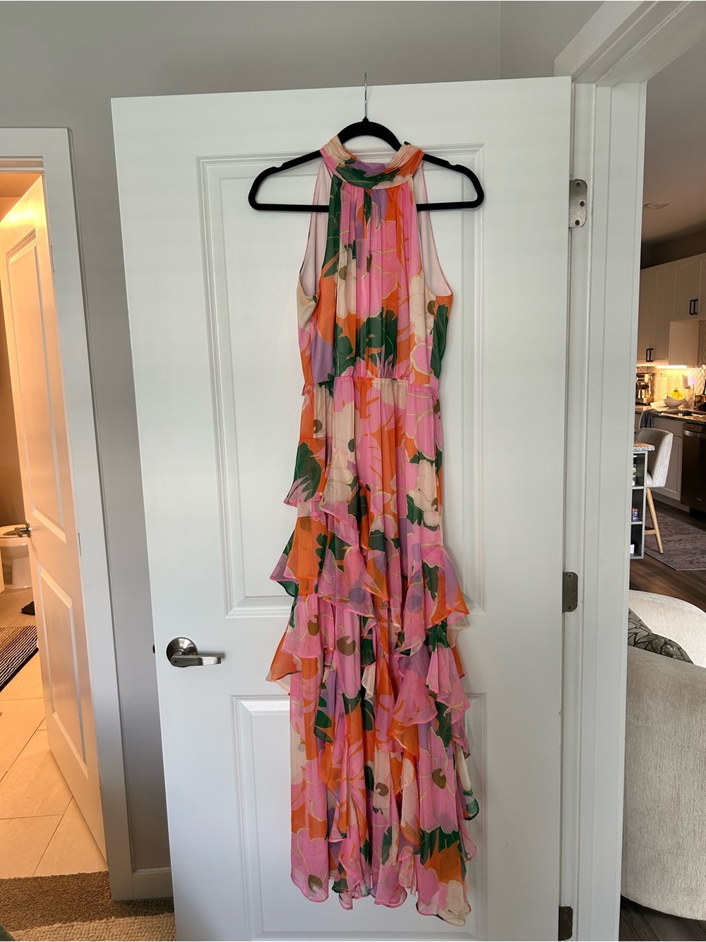 Alex Marie Floral Halter Maxi Dress in Pink and Orange with Green Accents